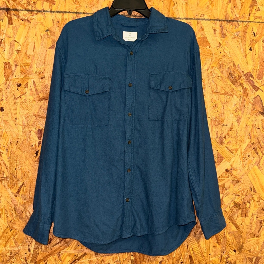 Mutual‎ Weave Navy Blue 100% Cotton Button Shirt Casual Plain Basics Layering L